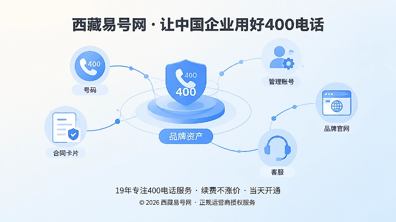 抽象线条连接号码、合同、管理账号和品牌官网的插画，表现长期品牌资产。
